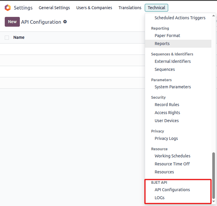 API Settings Menu