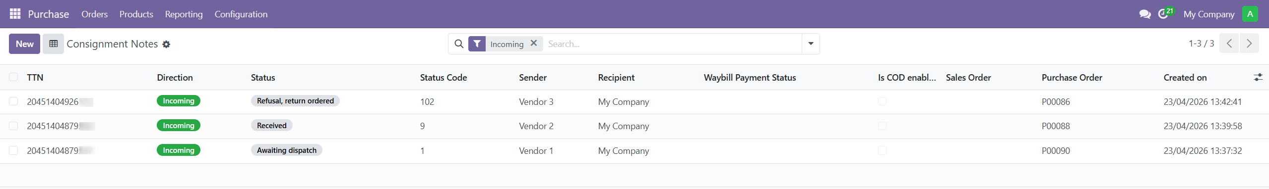 Nova Poshta Consignment Notes list