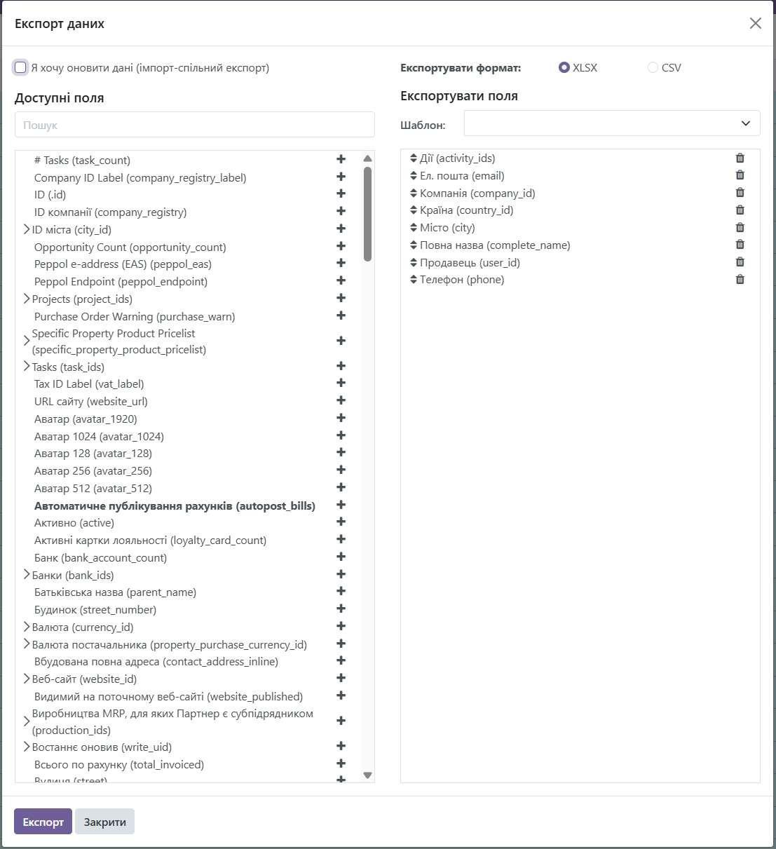 Contacts list showing the Export option in the Actions menu