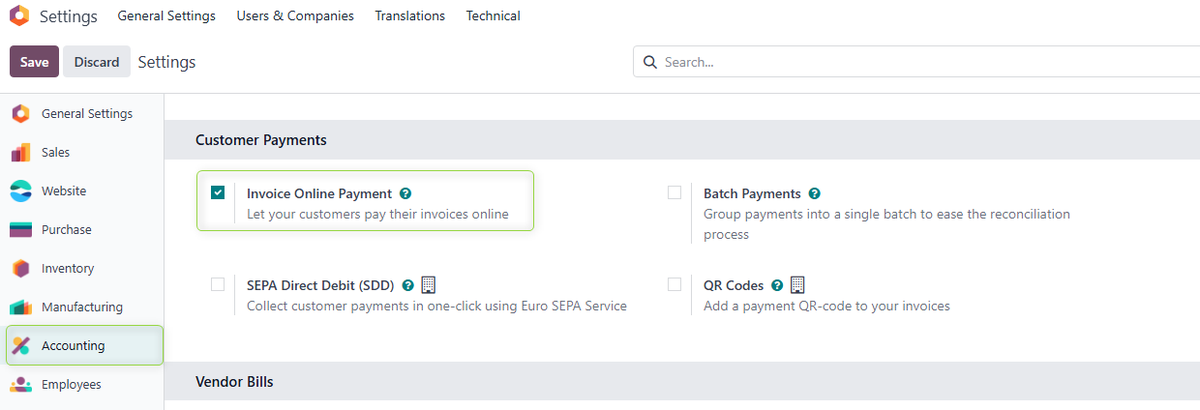 Accounting settings — enabling invoice online payment