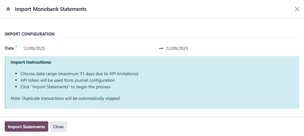 Import period selection window