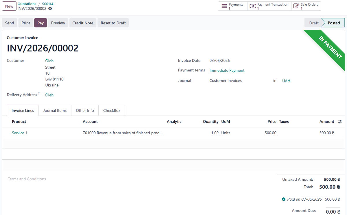 Invoice in "In Payment" status