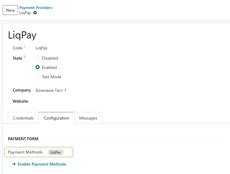 Configuration tab — availability, currencies and payment journal