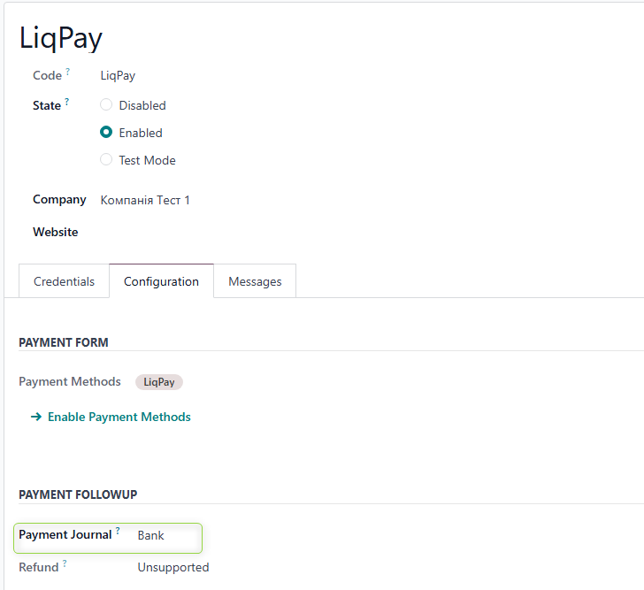 Configuration tab — payment method and journal