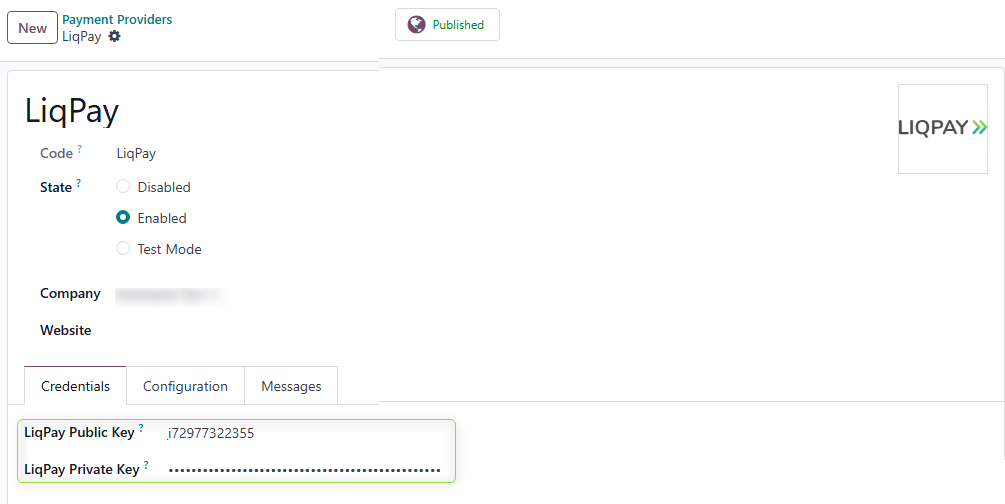 LiqPay provider in "Enabled" state with filled keys