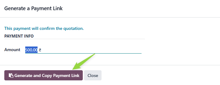 Payment link creation and copy dialog