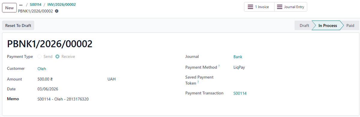 LiqPay payment record with "In Process" status