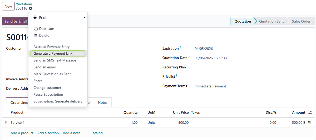 Creating a payment link from a sales order