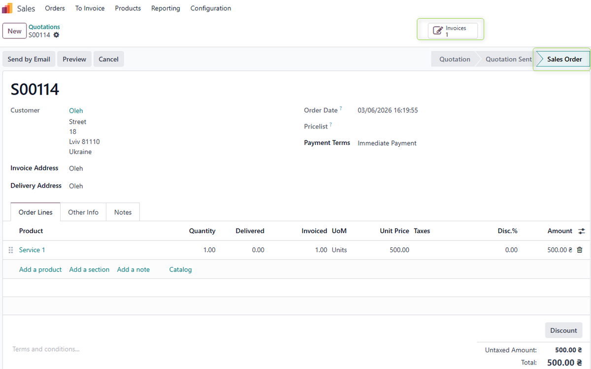 Sales order after payment with invoice link