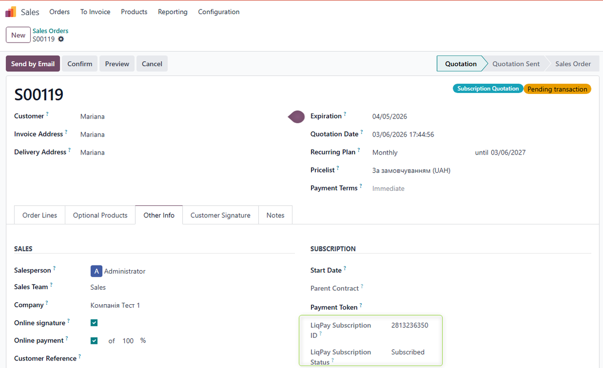 Sales Order with LiqPay subscription ID and subscription status