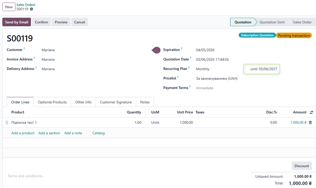 Recurring plan details in a Sales Order