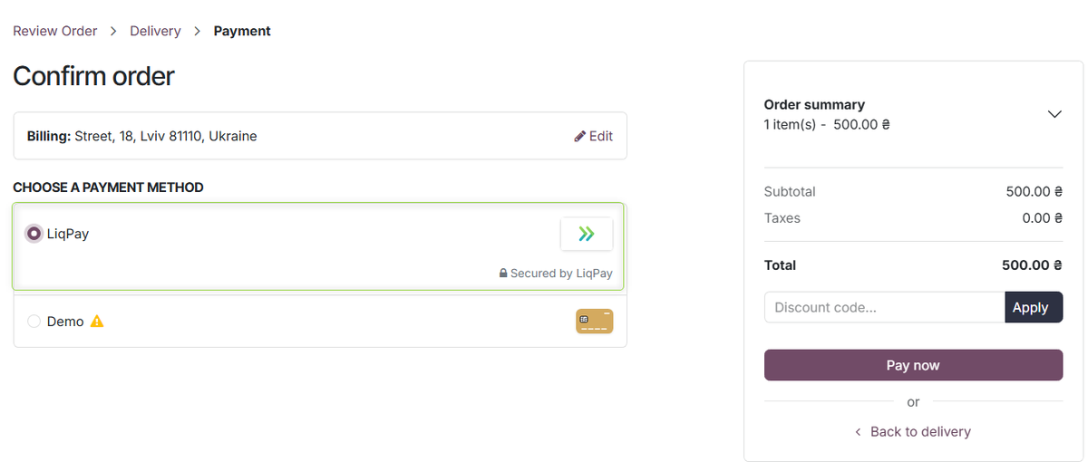 Website checkout — selecting LiqPay