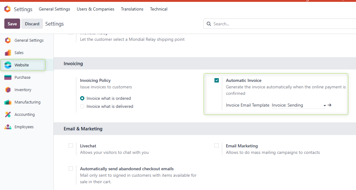 Website settings — enabling automatic invoice