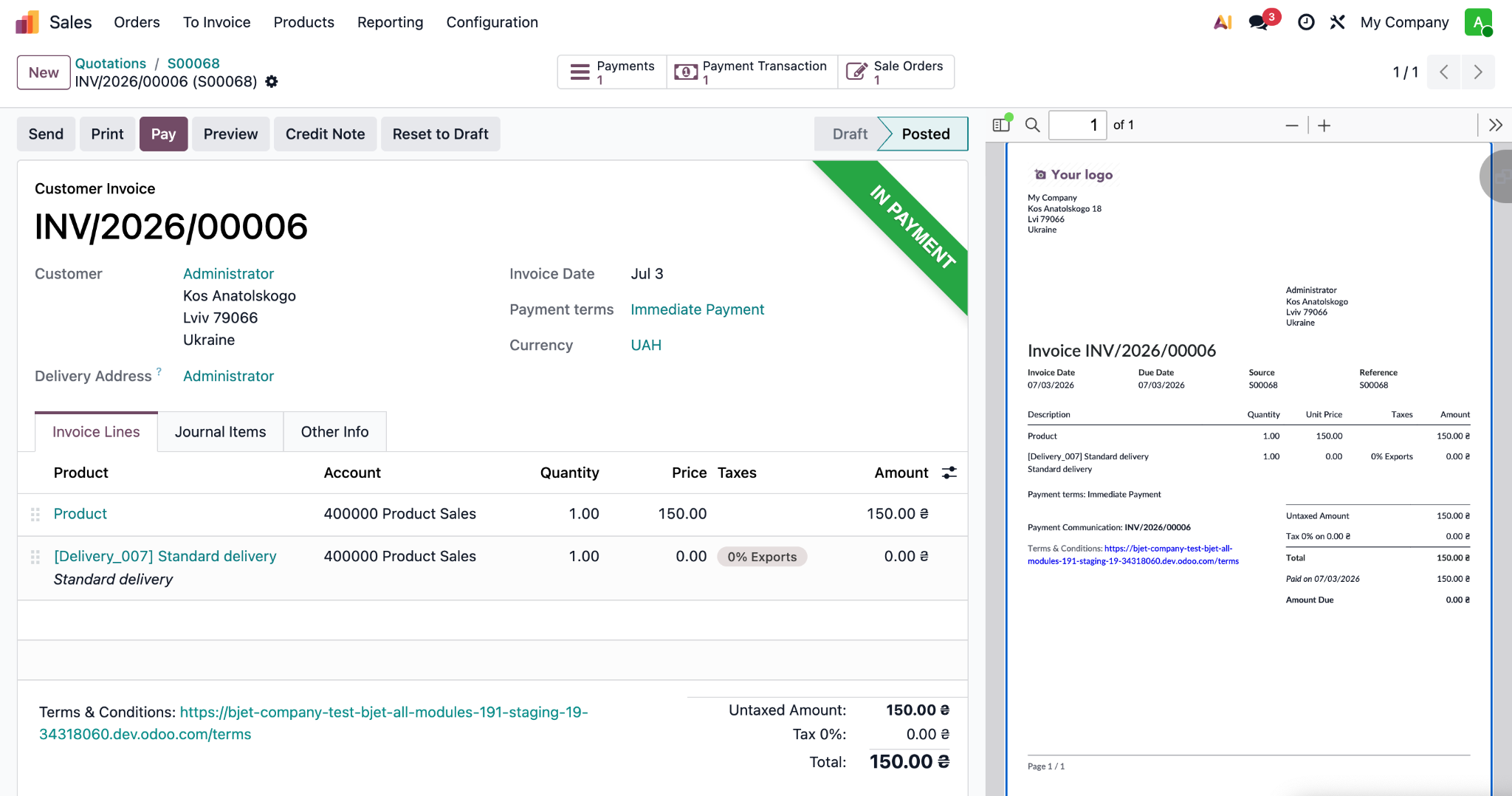 Invoice in the In Payment status