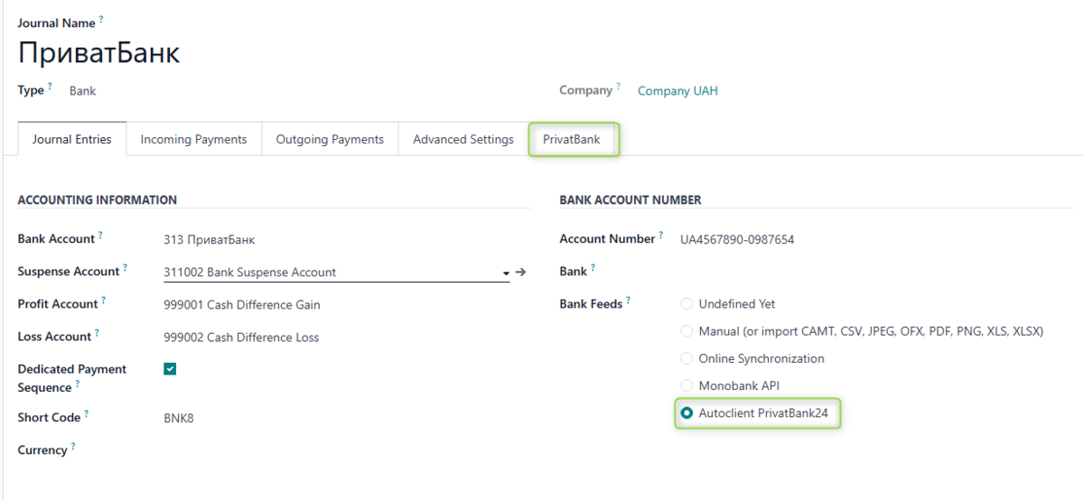 Selecting PrivatBank API in the Bank Feeds field