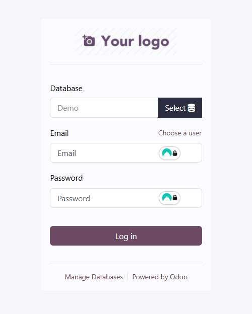 Odoo login form showing database, email, and password inputs