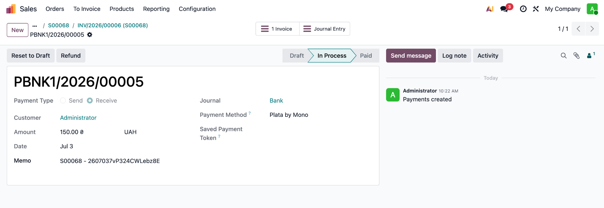 Linked Payment in the In Process status