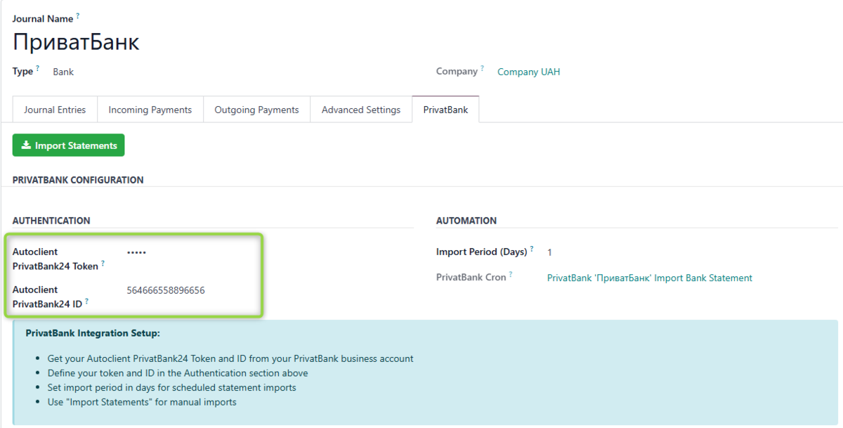 Authorization credentials for API operation in Odoo