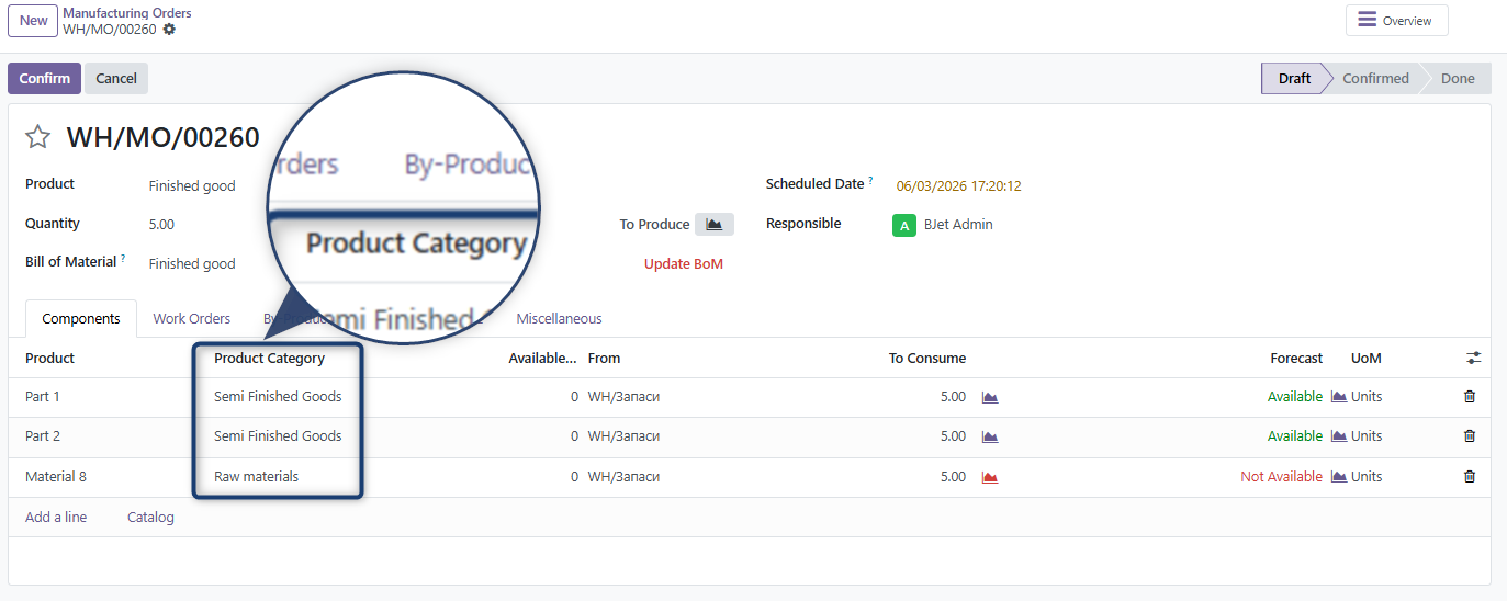 BOM Structure with Product Category highlighting