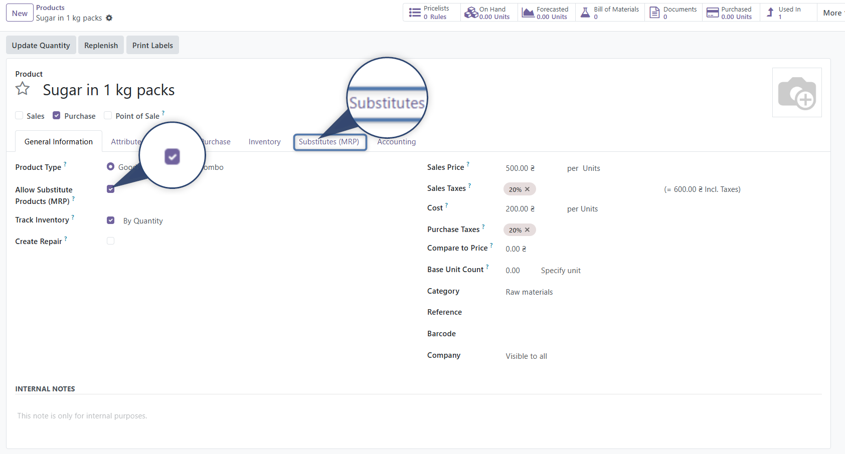 Product form with Allow Substitute Products checkbox and Substitutes (MRP) tab
