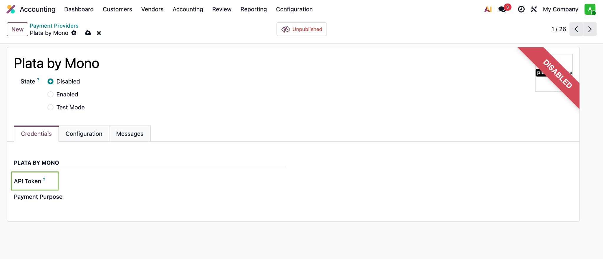 API Token field on the Credentials tab