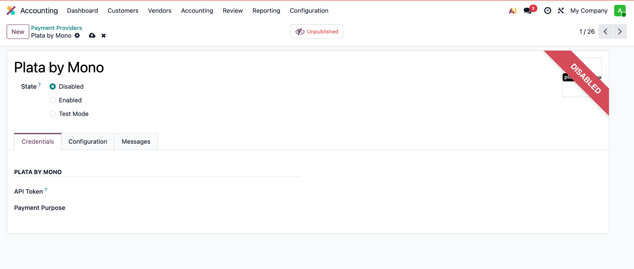 Plata by Mono provider created automatically in the Disabled state