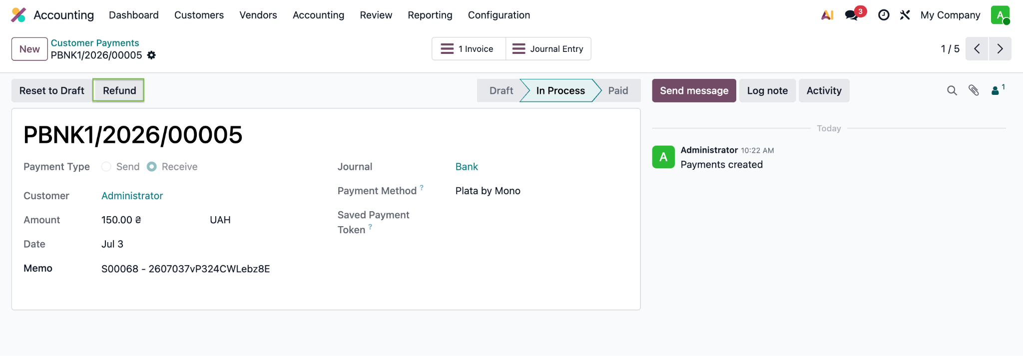 Refund button on the Payment form