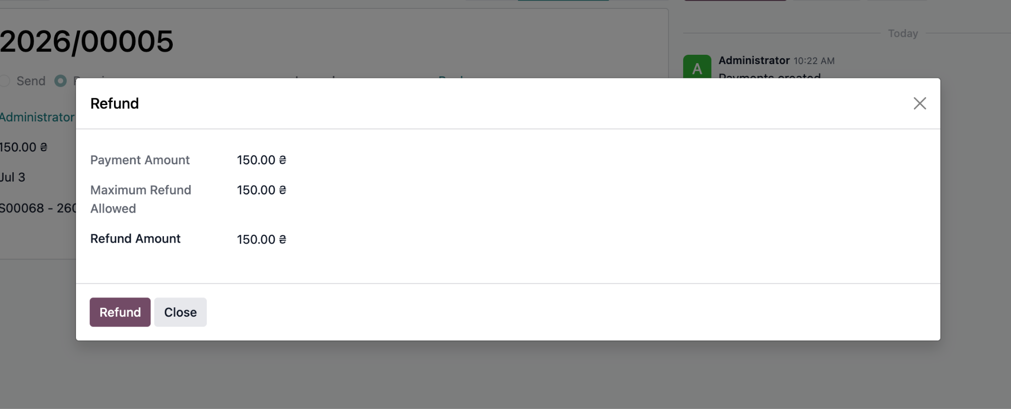 Refund dialog with the full amount