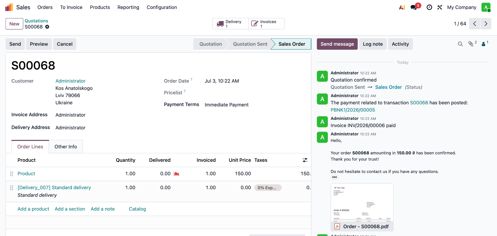 Sales Order created in the Sales Order status