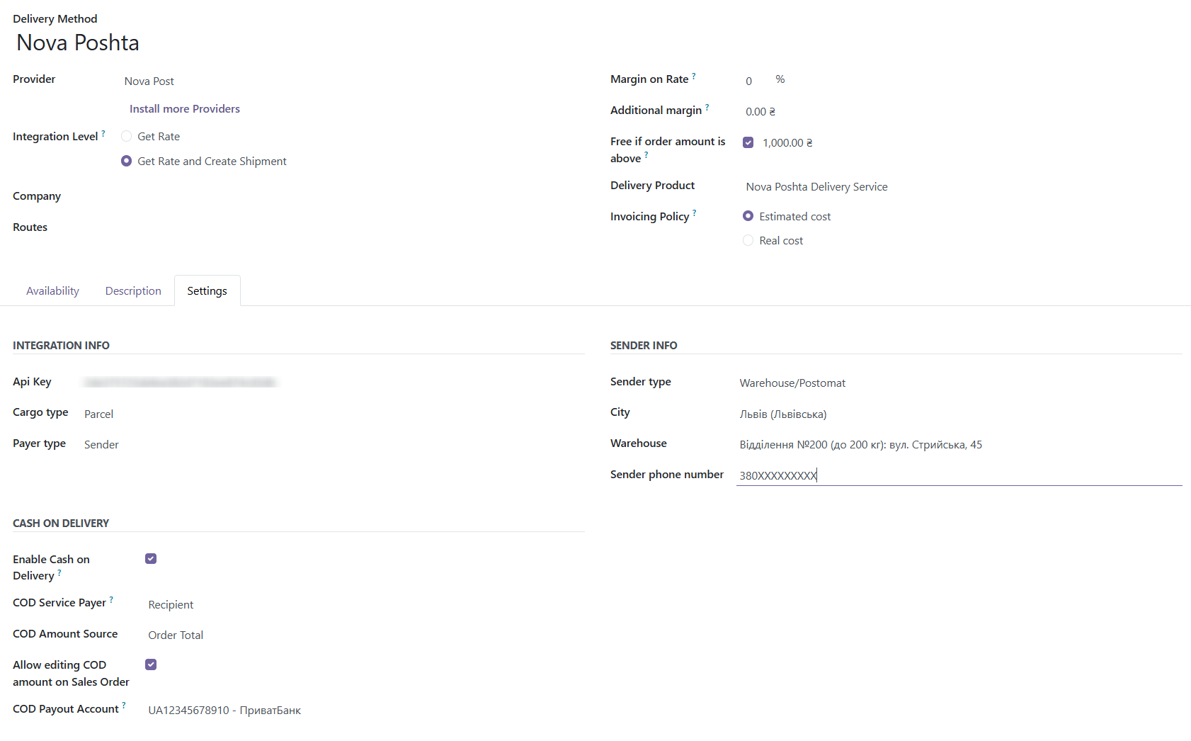 Nova Poshta delivery method configuration