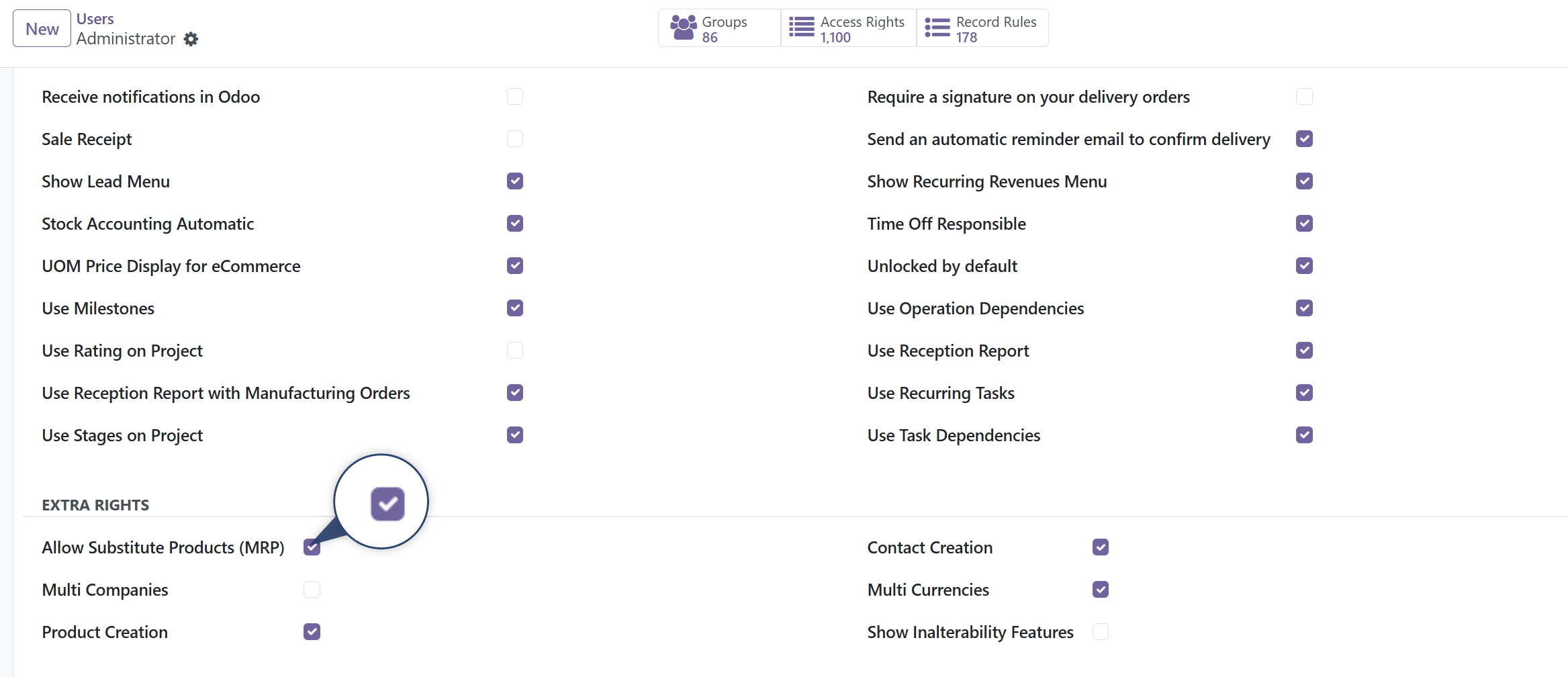 User access rights with Allow Substitute Products (MRP) permission