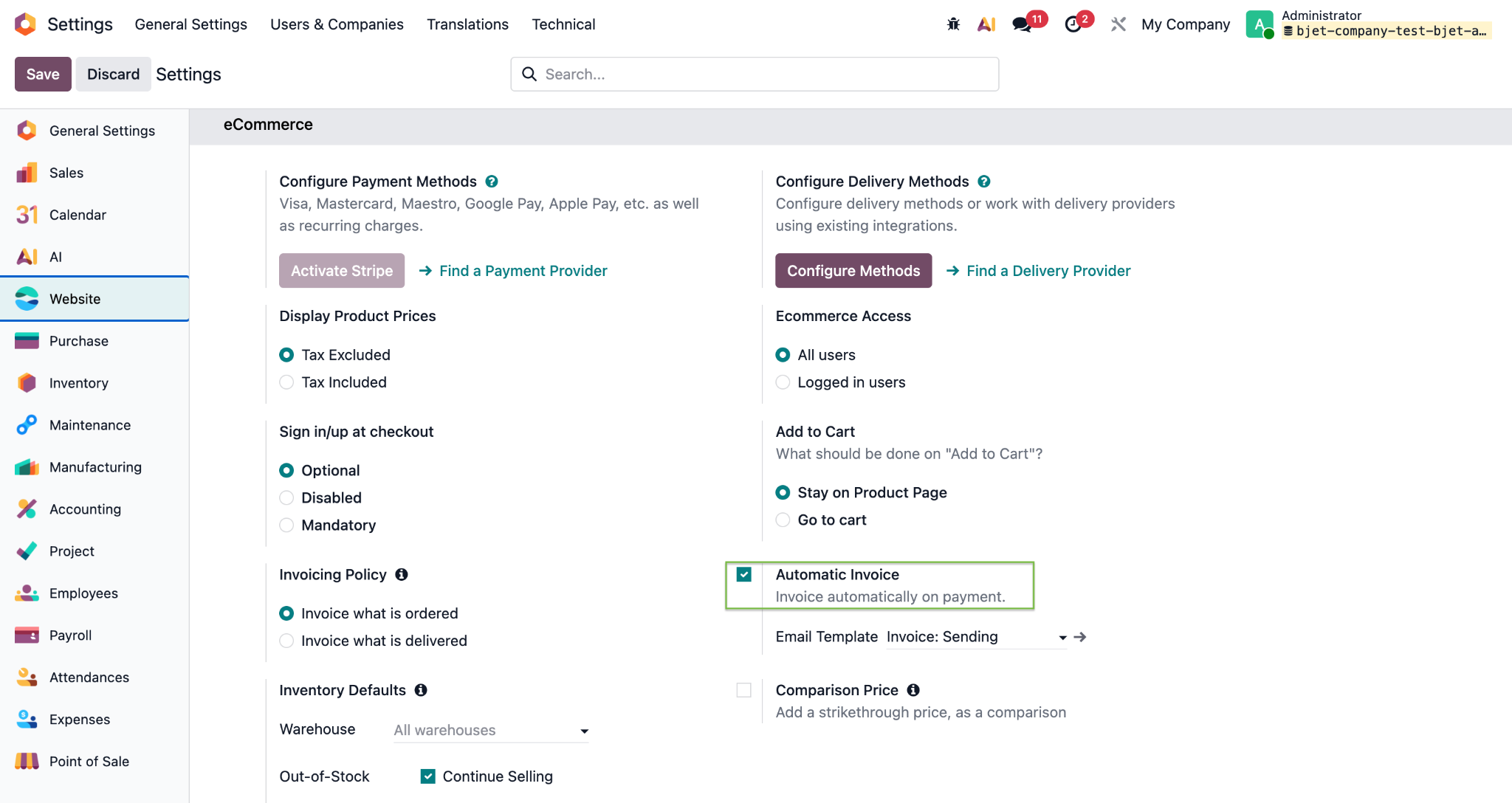 Enable Automatic Invoice in Website settings