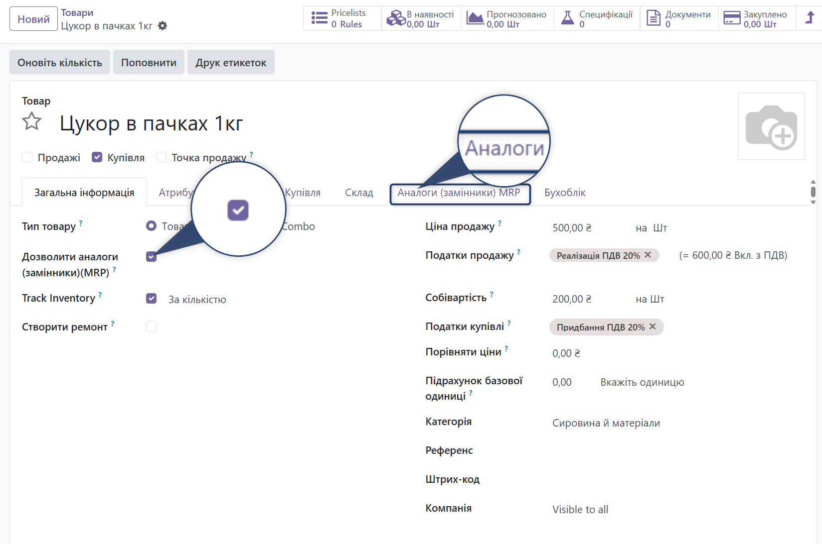 Картка товару з чекбоксом Дозволити аналоги та вкладкою Аналоги (замінники) MRP
