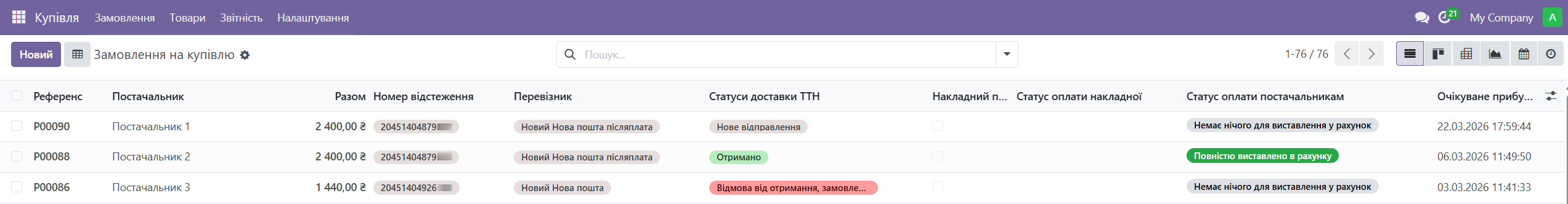 Список замовлень на купівлю з колонками ТТН